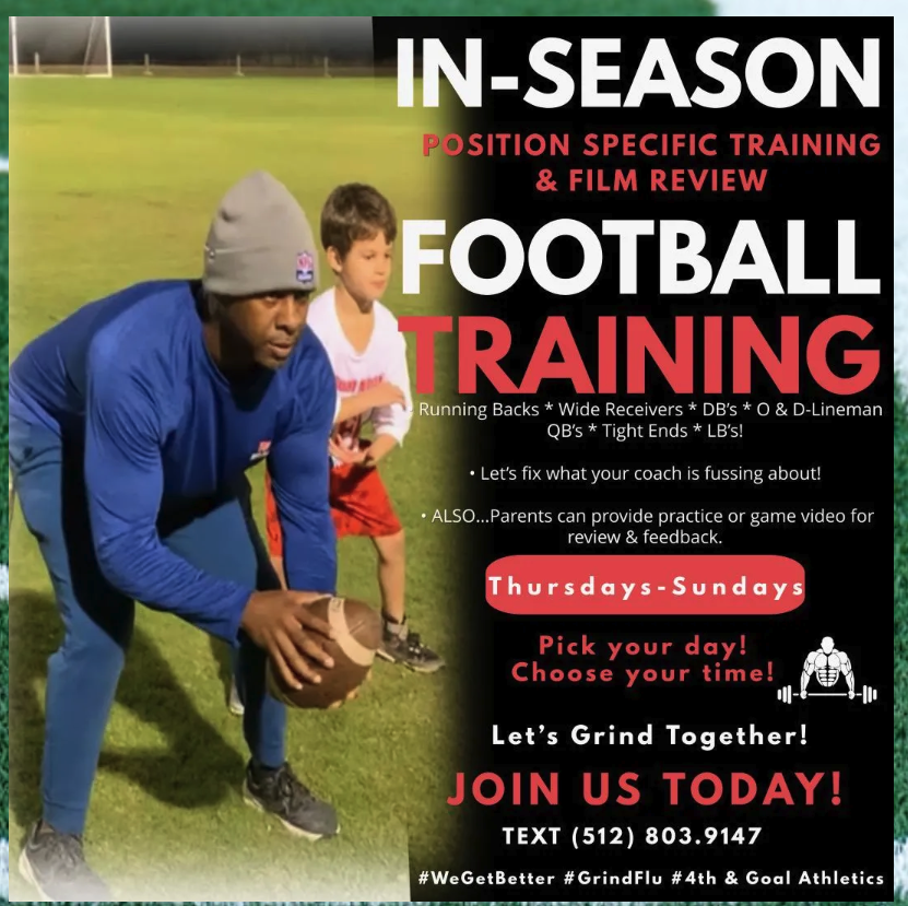 In-Season position specific football training and film review flyer