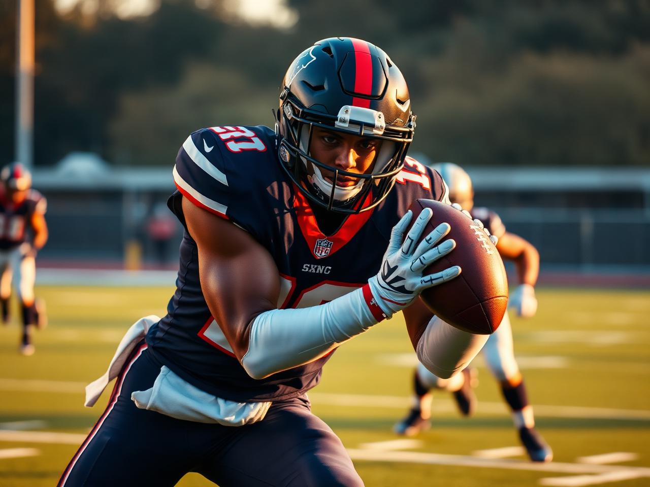 A wide receiver securing the football with a defender closing in