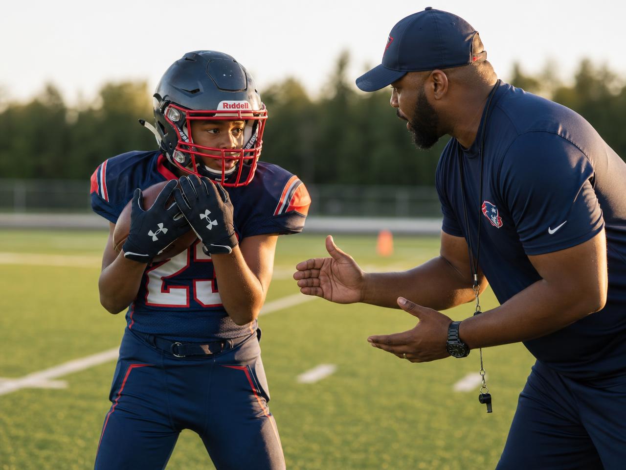 Coach teaching a young running back ball security technique