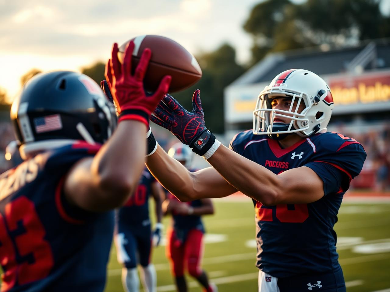 A defensive back high-pointing the football for an interception