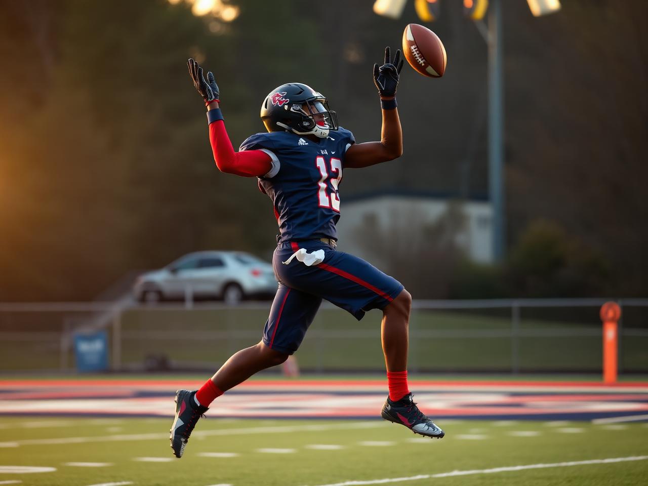 A defensive back leaping to break up a pass in practice