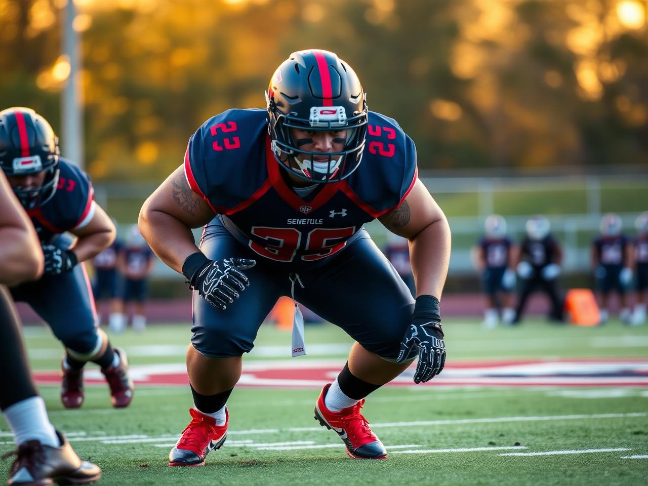 A defensive lineman exploding out of his stance at the snap