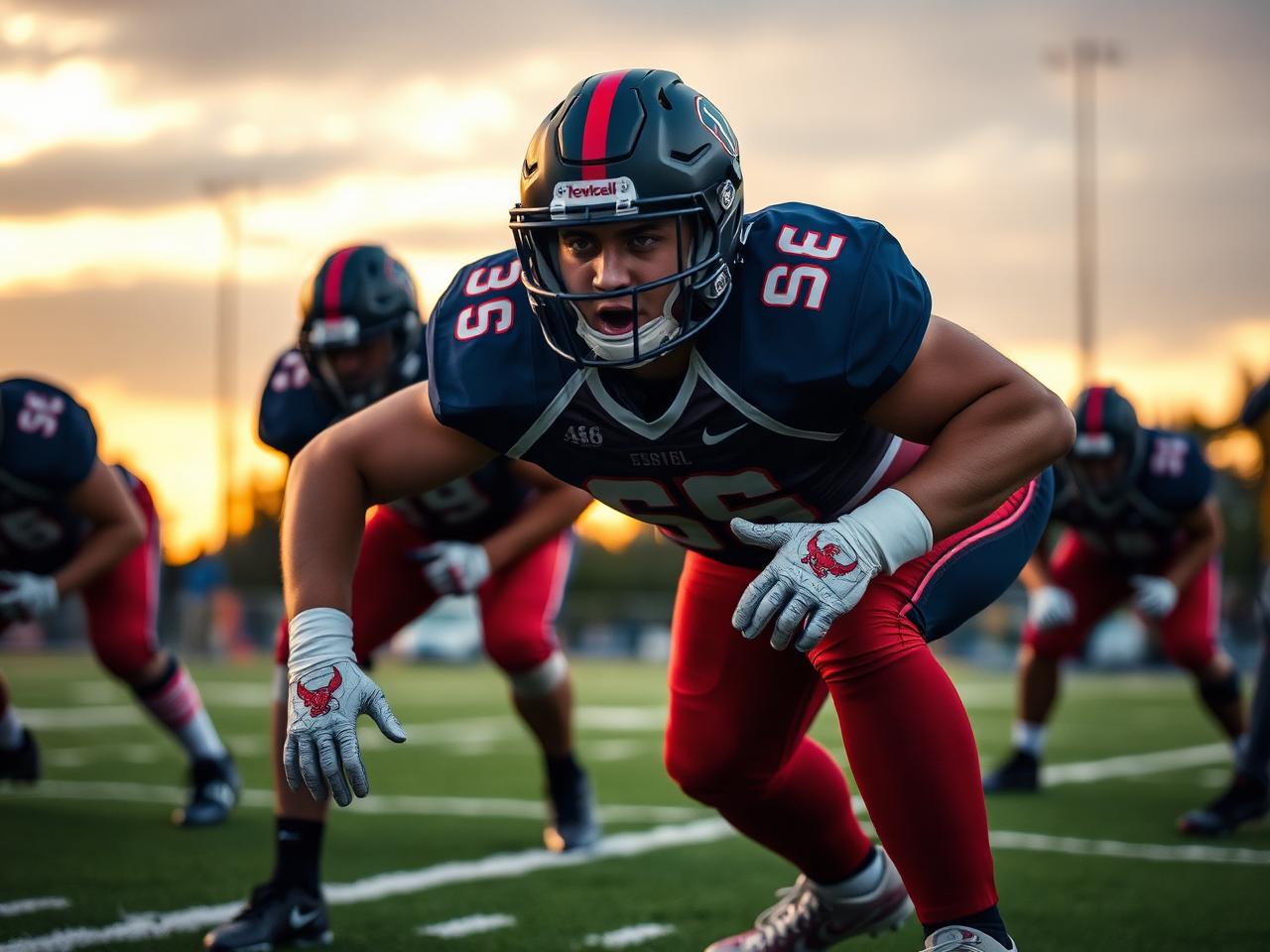 An offensive lineman exploding out of his stance at the snap