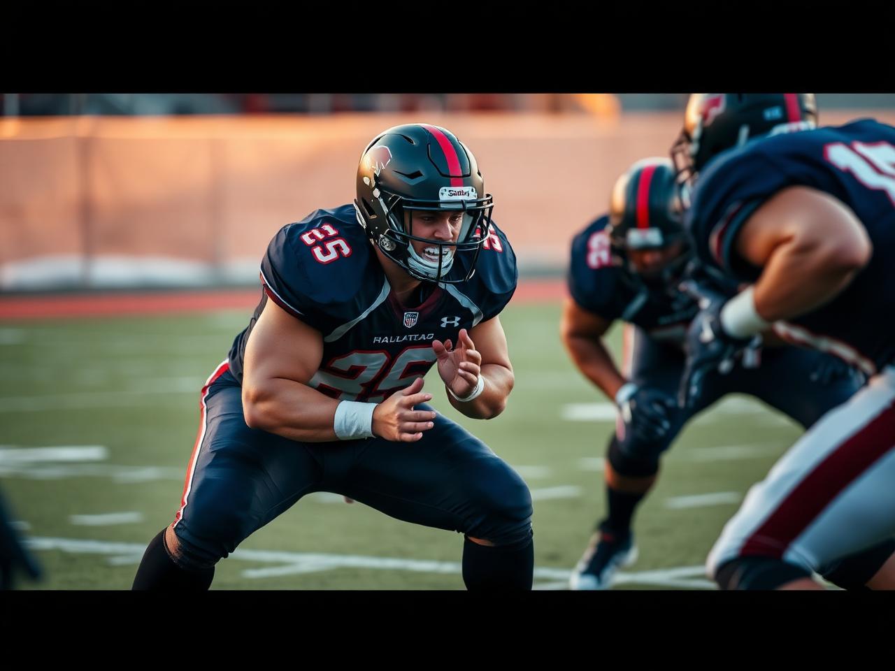 An offensive lineman finishing a run block at the line of scrimmage