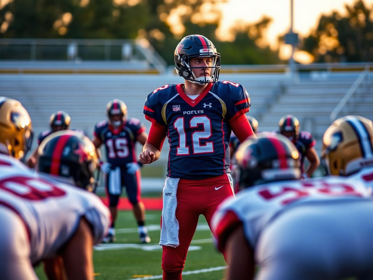 A quarterback standing tall in the pocket reading the defense